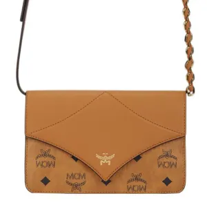 MCM Миниатюрная женская сумка-кроссбод из кожи и лакированного холста коньячного цвета