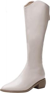 Женские сапоги Yiozoi Calf Cowboy с острым носком, осенне-зимние кожаные, на устойчивом каблуке с задней молнией, классические ковбойские сапоги, Beige