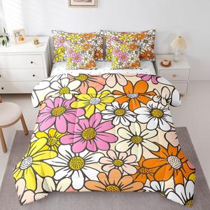 Erosebridal Комплект постельного белья Groovy Style с цветочным принтом в винтажном стиле из мягкого хлопка, Yellow Pink