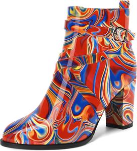 Женские ботильоны MODENCOCO осень-зима с застежкой, модные, из лакированной кожи, с круглым носком, на высоком блочном каблуке 3,5 дюйма, Red Blue Fluid