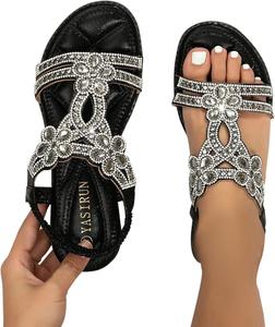 Женские сандалии ZBYY, босоножки с плоской подошвой, бохо стиль, со стразами, открытый носок, эластичный ремешок на щиколотке, летние удобные пляжные сандалии, черный