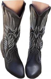 Generic Женские высокие сапоги для широкой голени 2025 осень-зима черные средние ковбойские ботинки из кожи с вышивкой, швы, на подъем с заостренным носком, массивные каблуки, длинные сапоги, винтажные стильные, для рождественской вечеринки и прогулок