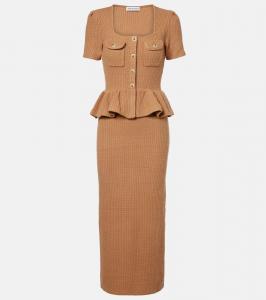 Платье миди с баской из вафельной ткани Self-Portrait, Brown