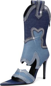 Женские ковбойские сапоги в западном стиле с кристаллами, ковбойские сапожки с низким устойчивым каблуком, вышивкой и блестками, короткие ботильоны на щиколотку для прогулок, для кантри-концертов и диско-нарядов Shofrindy, Denim Blue