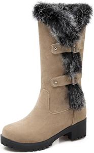 Женские сапоги средней длины с толстой подошвой на скрытом танкетке, с отворотом из густого кроличьего меха, теплые водонепроницаемые эластичные кожаные сапоги с противоскользящей подошвой, подходят для снега, зимы и свиданий NEGYANME, Beige