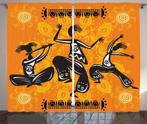 Шторы ABAKUHAUS в африканском деревенском стиле, Native Dancer Tribal, универсальные ленточные шторы для гостиной с петлями и крючками, 280 x 245 см, цвет: оранжево-черный Abakuhaus