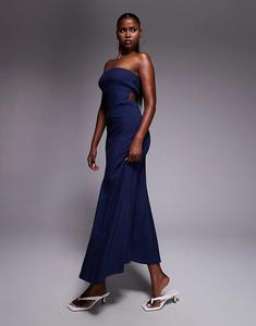 Платье-бандо Princess Polly Yahir из льняной смеси с присборенной спинкой и вырезом, темно-синего цвета