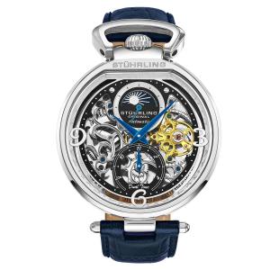 Автоматические часы Modena Dual Time со скелетоном, 46 мм, с кожаным ремешком STÜHRLING Original, серебро