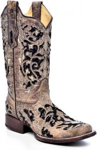 Женские коричневые вестерн-сапоги Corral, Ковбойские сапоги с квадратным носком, черной блестящей вставкой, цветочным тиснением и стразами Corral Boots