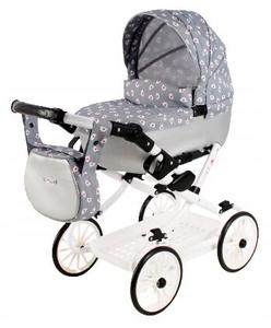 Большая кукольная коляска с сумкой и корзинкой Вики Ви-08 СЕРЕБРЯНАЯ С ПТИЦАМИ Adbor