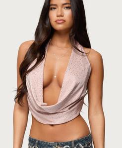 Женский топ с открытой спиной и воротником-хомутом, украшенный стразами Edikted, Light-pink