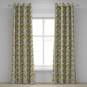 Серо-желтая штора на люверсах ABAKUHAUS, нарисованная вручную геометрическая круглая штора в стиле ретро-модерн, декоративная, двухпанельная, 280 см x 260 см, бежево-белый цвет