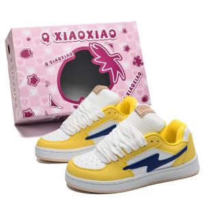 Circle small Увеличение роста износостойкие противоскользящие низкие скейтерские кроссовки унисекс розовая коробка в комплекте белый синий желтый, цвет White Blue Yellow