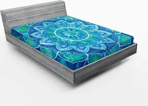 Простыня на резинке ABAKUHAUS Мандала, нарисованная вручную, с символом Старый год и шероховатым современным рисунком, 160 x 200 см, бледно-голубой/белый Abakuhaus