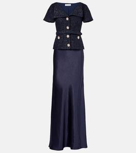 Вышитое платье макси из букле и атласа Self-Portrait, Navy