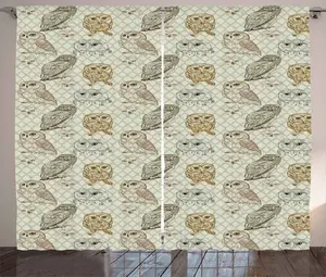 Штора ABAKUHAUS "Сова в деревенском стиле", "Кот, птицы", присборенная штора из тесьмы для спальни с петлями и крючками, 280 x 175 см, цвет "Реседа" зелено-коричневый