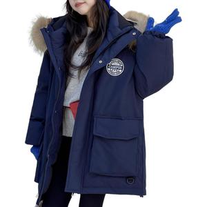 Детские пуховые куртки с меховым воротником, утолщенные, длинные, из микроэластичного материала Disney, темно-синий