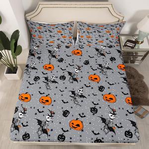 Erosebridal Комплект постельного белья Halloween с тематическим принтом тыквы, черепов, летучих мышей и ведьм для детей, Grey Orange