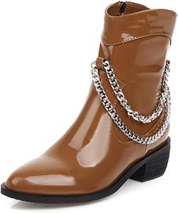 Женские ботильоны VOKLIN вестерн с остроконечным носком, металлической цепочкой и застежкой-молнией, низкий каблук, элегантные короткие ботинки, Tan Brown-Velvet Lined