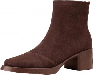 Женская мода Ретро квадратный носок на высоком каблуке, зимние ботинки из коровьей замши, ботильоны на платформе с молнией Generic, Brown Skin Inside