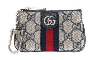 GUCCI Кошелек для монет и ключей Ophidia из холста с кожаным шармом женский синий и бежевый