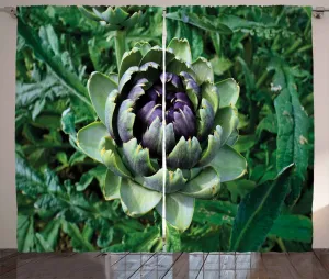 Штора в деревенском стиле Артишок от ABAKUHAUS, цветущий овощ, присборенная тесьма для спальни с петлями и крючками, 280 x 225 см, цвет папоротниково-зеленый и фиолетовый Abakuhaus