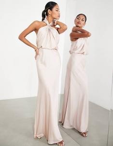 Атласное платье макси со сборками и воротником-бретелькой ASOS EDITION