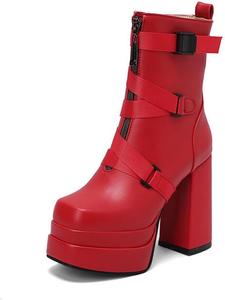 Женские ботильоны на платформе с высоком каблуке, квадратным носком, боковой молнией и пряжкой, короткие сапожки JMdfcqer, Red