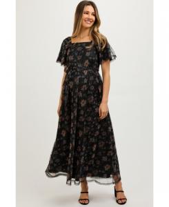 Черное платье миди для беременных с цветочным принтом и поясом на талии Pinkblush, Black