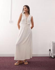 Летнее платье макси из льняной смеси Reclaimed Vintage с оборками и завязками цвета экрю