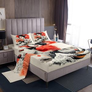 Erosebridal Комплект постельного белья Geisha Full в японском стиле с морскими волнами, Beige Red Black