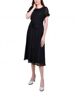 Миниатюрное платье в горошек с поясом и короткими рукавами NY Collection, мульти