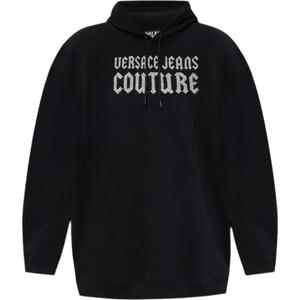 Худи с блестками и логотипом Couture на шнурке VERSACE JEANS, черный