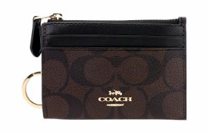 COACH Миниатюрный брендовый кошелек для ключей и карт из текстирированной кожи с кожаным держателем для удостоверения в темно-коричневом цвете