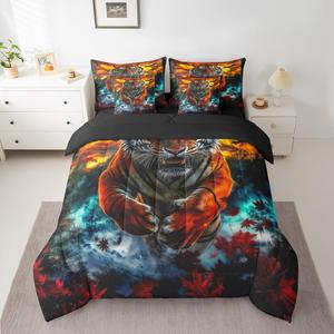 Erosebridal Комплект постельного белья Tiger с принтом диких животных и красных кленовых листьев в стиле вестерн, Blue Orange