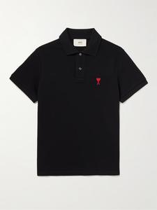 Рубашка поло из органического хлопка-пике с вышитым логотипом AMI PARIS, черный