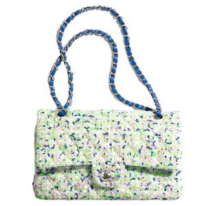 23P Весенне-летняя классическая стеганая сумка CF из твида, миниатюрная сумка через плечо, женская сине-зеленая CHANEL