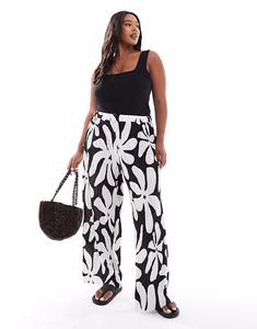 Широкие брюки-плиссе Vero Moda Curve с высокой талией и тропическим принтом