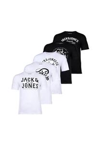 Мужская футболка, 5 шт. в упаковке - JJLEOGRA TEE CREW NECK, короткий рукав, круглый вырез, хлопок, принт с логотипом JACK & JONES, черный