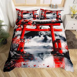 Erosebridal Комплект постельного белья Japanese Style Fuji Mountain с принтом горы Фудзи и морских волн, красный и черный, Red Gray