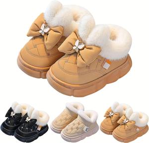 Мальчики Девочки Милые Плюшевые Ботинки с Бантиком, Подкладка, Зимние Теплые Нескользящие Водонепроницаемые Короткие Ботинки до Лодыжки, Для Дома и Улицы, Холодная Погода, Хлопковые Удобные Ботиночки на Скольжение Generic, Coffee