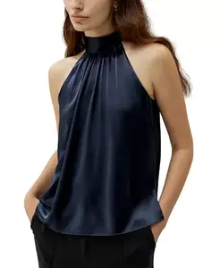 Минималистичный соблазнительный шелковый топ с завязками на шее Lilysilk, синий