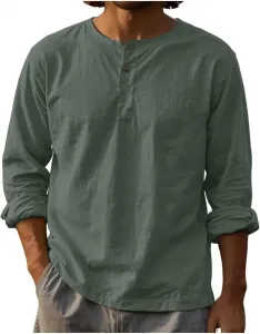 Мужская хлопковая льняная футболка Henley с длинным рукавом