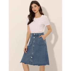 Женская джинсовая юбка с необработанным краем на пуговицах, джинсовые юбки миди трапециевидной формы ALLEGRA K, синий