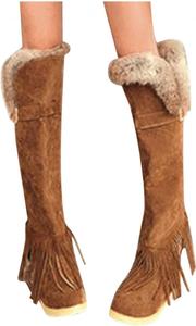 Женские высокие сапоги Bcshiye до колена, с низким каблуком, мягкие, теплые, с мехом, боевые средние сапоги, ботильоны с круглым носком, снежные сапоги, Brown