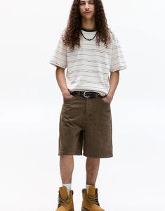 Футболка Pull&Bear в полоску с контрастным вырезом, бежевого цвета