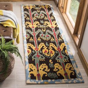 Ковер-дорожка SAFAVIEH, 69 x 244 см, Ikat Collection, Charcoal & Blue, ручной работы из шерсти, идеально для помещений с высокой проходимостью в гостиной, спальне (IKT221A)