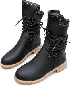 Женские кожаные ботильоны с боковой шнуровкой, низким массивным каблуком, круглым носком, задней молнией, противоскользящие боевые ботинки с заклепками, модные полусапожки для мотоциклетной езды QIJOZXN, Black
