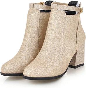 Женские модные блестящие ботильоны VOKLIN с круглыми носками, молнией и массивным высоким каблуком, Gold-Velvet Lined