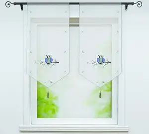 Штора Cafe с вышитой совой, кухонная, вуаль, треугольная, короткая, с карманом на штанге, ШxВ 40x60 см, зеленая, 1 шт. Joyswahl